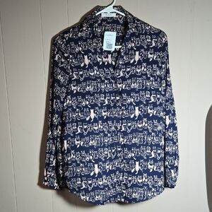 Sage & Citrus Navy Blue Cat Print Women's Long Sleeve Shirt